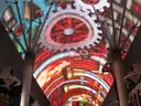The Fremont Street Experience LED canopy glowing red and white over the downtown street and its columns