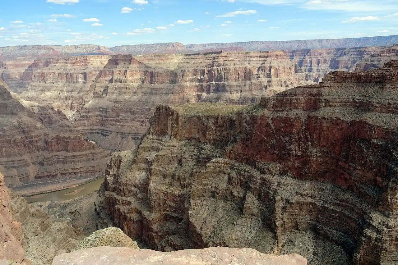 The layered walls of the Grand Canyon at the West Rim, with the river far below
