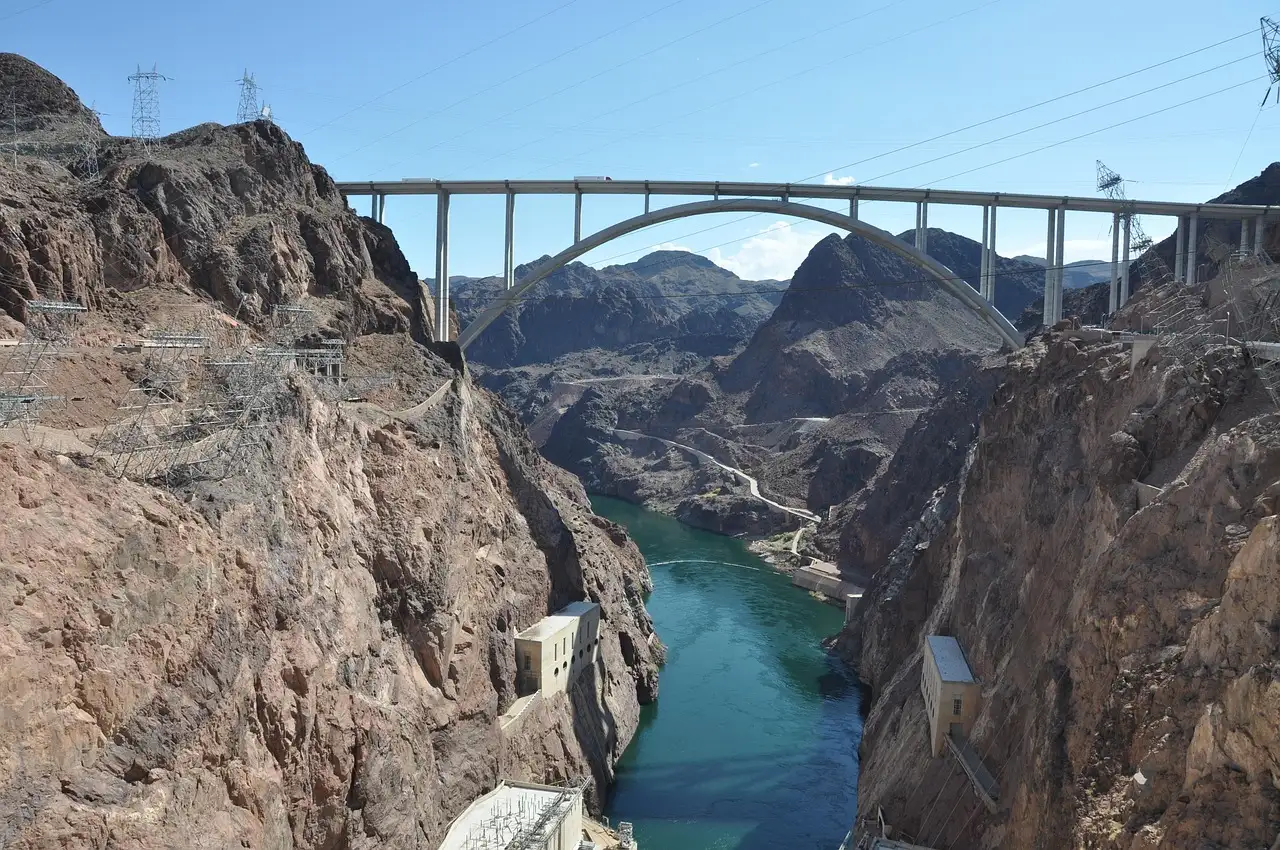 The arched bypass bridge high over the Black Canyon near Hoover Dam