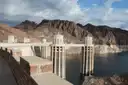 The intake towers of Hoover Dam standing in Lake Mead, seen from the walkway on top of the dam