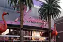 The pink script Flamingo sign and two flamingo statues among palm trees in Las Vegas