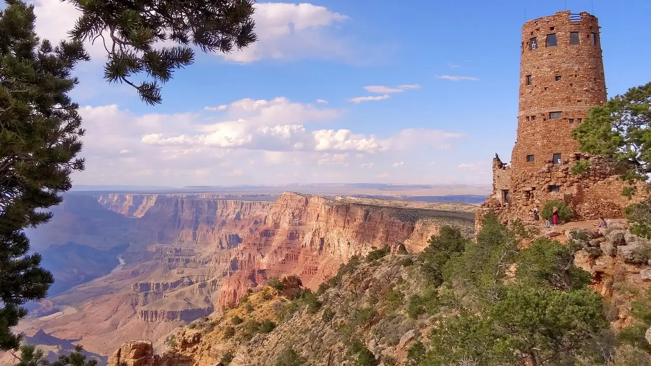 The Desert View Watchtower on the Grand Canyon South Rim above the canyon