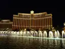 A row of lit Bellagio fountain jets in front of the hotel at night