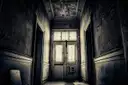 Dim, decaying old corridor with peeling walls leading to a glass-paneled double door
