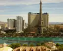 The Eiffel Tower at Paris Las Vegas by day, above the Bellagio lake