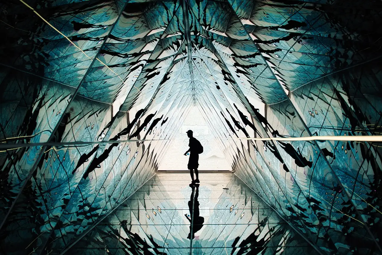 A silhouette walking through a mirrored art tunnel