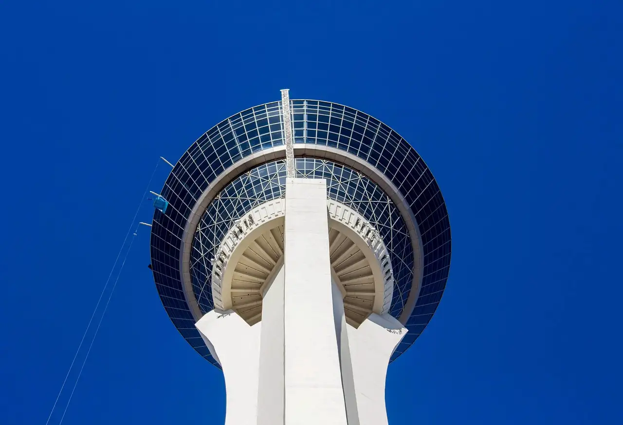 The STRAT tower pod from directly below against a blue sky