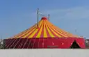 Red and yellow striped circus big top with gold stars under a clear blue sky