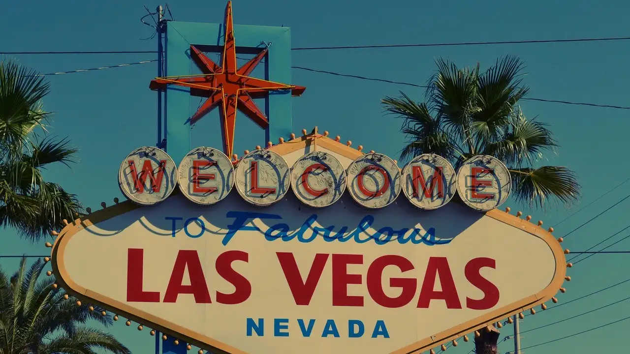 The vintage Welcome to Fabulous Las Vegas sign with its red starburst, framed by palm trees