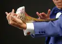 A magician in a blue suit spreading a deck of playing cards along his arm against a dark background