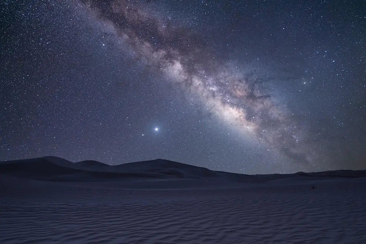 The Milky Way arching over dark desert dunes on a clear night