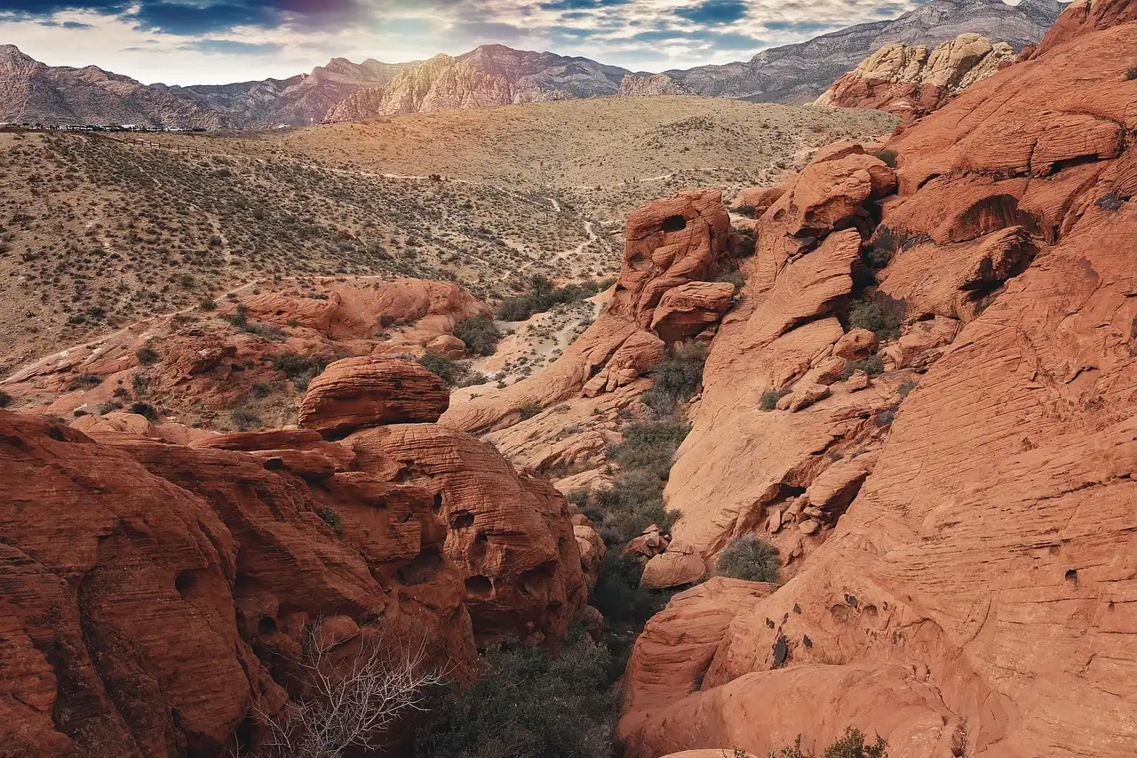 Red sandstone rocks and desert scrub in a wide valley, with paler mountains behind